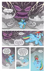 Size: 800x1230 | Tagged: safe, derpibooru import, idw, official, rainbow dash, runt the cloud gremlin, cloud gremlins, pegasus, pony, blade runner, cloud, female, floppy ears, goggles, hooves, idw advertisement, lightning, mare, micro-series, official comic, on a cloud, open mouth, preview, spread wings, standing on cloud, stormcloud, teeth, wings
