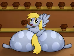 Size: 2500x1900 | Tagged: safe, artist:jesseorange, derpibooru import, derpy hooves, pegasus, pony, aderpose, bubble butt, fat, female, impossibly large butt, impossibly large hips, mare, muffin, plot, the ass was fat, visual pun, what is going on with these hips