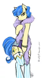 Size: 492x900 | Tagged: safe, artist:tt-n, derpibooru import, sapphire shores, earth pony, pony, semi-anthro, bipedal, clothes, covering, feather boa, female, frilly underwear, mare, panties, purple underwear, simple background, solo, underwear