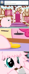 Size: 650x1635 | Tagged: safe, artist:mixermike622, derpibooru import, pinkie pie, oc, oc:fluffle puff, tumblr:ask fluffle puff, ask, bits, chocolate, fluffy, klondike bar, sugarcube corner, tumblr