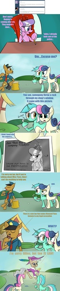 Size: 1280x6155 | Tagged: safe, artist:tixolseyerk, derpibooru import, bon bon, diamond tiara, lyra heartstrings, mayor mare, sweetie drops, pony, bipedal, broken tiara, clothes, comic, desk, drink, hat, older, pencil, smoothie, straw, swag