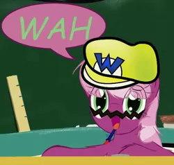 Size: 538x512 | Tagged: artist:frist44, cheerilee, cosplay, derpibooru import, hair over eyes, hat, moustache, open mouth, quote, safe, speech bubble, super mario bros., wah, wario, wario's hat, yellow hat