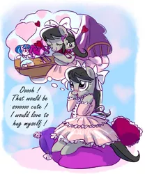 Size: 1781x2139 | Tagged: safe, artist:yulyeen, derpibooru import, octavia melody, vinyl scratch, earth pony, pony, ask lolitavia, ask, blushing, bow, clothes, cute, doll, dress, female, hair bow, heart, lolita fashion, mare, pillow, solo, tavibetes, tumblr