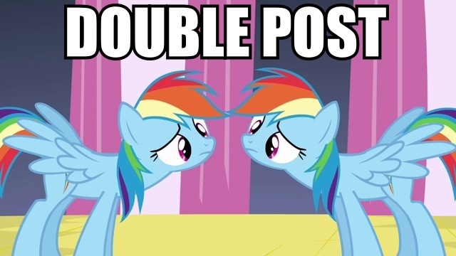 Size: 640x360 | Tagged: safe, derpibooru import, edit, edited screencap, screencap, rainbow dash, pegasus, pony, a canterlot wedding, confused, disguise, disguised changeling, double, double rainbow, duo, female, image macro, looking at each other, mare, meme, text