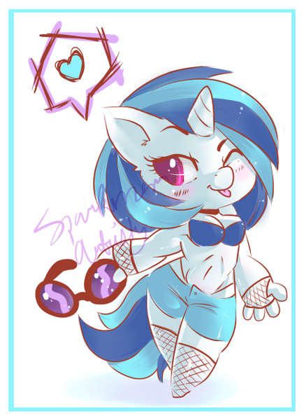 Size: 463x638 | Tagged: suggestive, artist:busoni, derpibooru import, vinyl scratch, anthro, blushing, breasts, busty vinyl scratch, chibi, cleavage, clothes, female, fishnets, heart, one eye closed, shorts, solo, solo female, stockings, tongue out, wink