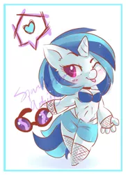 Size: 463x638 | Tagged: suggestive, artist:busoni, derpibooru import, vinyl scratch, anthro, blushing, breasts, busty vinyl scratch, chibi, cleavage, clothes, female, fishnets, heart, one eye closed, shorts, solo, solo female, stockings, tongue out, wink