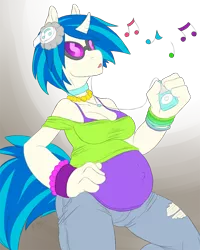 Size: 800x1000 | Tagged: anthro, artist:rozga, belly, big belly, breasts, busty vinyl scratch, cleavage, clothes, curved horn, derpibooru import, female, headphones, ipod, jeans, music, pregnant, safe, solo, vinyl scratch