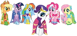 Size: 7500x3500 | Tagged: safe, artist:midnight--blitz, derpibooru import, applejack, fluttershy, pinkie pie, rainbow dash, rarity, twilight sparkle, earth pony, pegasus, pony, unicorn, suited for success, absurd resolution, clothes, dress, female, gala dress, high heels, jewelry, mane six, shoes, simple background, tiara, transparent background, vector