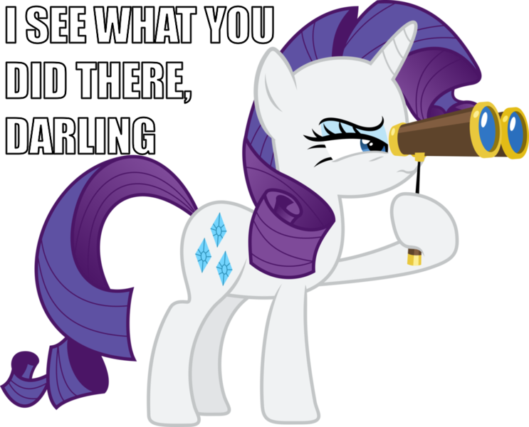 Size: 990x800 | Tagged: safe, artist:vladimirmacholzraum, derpibooru import, rarity, pony, unicorn, darling, female, hoof hold, i see what you did there, image macro, impact font, mare, meme, opera glasses, reaction image, simple background, solo, transparent background