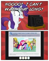 Size: 566x700 | Tagged: derpibooru import, derpyhoovesnews, entertainment weekly, exploitable meme, freak out, hiatus, hype, rarity, safe, season 4, tv meme