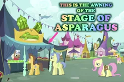 Size: 953x634 | Tagged: aquarius/let the sunshine in, artist:kturtle, asparagus, bad pun, caramel, crafty crate, derpibooru import, edit, edited screencap, fluttershy, goldengrape, lyra heartstrings, market, pun, putting your hoof down, safe, screencap, sir colton vines iii, song reference, the fifth dimension