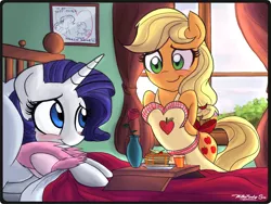 Size: 1454x1091 | Tagged: safe, artist:willisninety-six, derpibooru import, applejack, rarity, sweetie belle, earth pony, pony, unicorn, apron, bathrobe, bed, blushing, breakfast, breakfast in bed, clothes, cute, daaaaaaaaaaaw, female, freckles, heartwarming, jackabetes, looking at each other, mare, pancakes, raribetes, rarijack, rose, shipping, sick, smiling, sweet dreams fuel