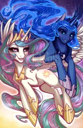 Size: 712x1100 | Tagged: safe, artist:inkfall, derpibooru import, princess celestia, princess luna, alicorn, pony, duo, female, flying, mare, open mouth, royal sisters, smiling