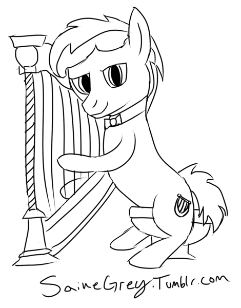 Size: 1280x1633 | Tagged: safe, artist:saine grey, derpibooru import, parish nandermane, earth pony, pony, 30 minute art challenge, black and white, bowtie, grayscale, harp, monochrome, musical instrument, simple background, sitting, solo, stool, white background