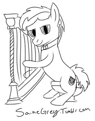 Size: 1280x1633 | Tagged: safe, artist:saine grey, derpibooru import, parish nandermane, earth pony, pony, 30 minute art challenge, black and white, bowtie, grayscale, harp, monochrome, musical instrument, simple background, sitting, solo, stool, white background