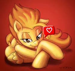 Size: 985x938 | Tagged: suggestive, artist:pluckyninja, derpibooru import, spitfire, tumblr:sexy spitfire, bedroom eyes, female, gradient background, heart, licking, looking at you, sexy, solo, solo female, stupid sexy spitfire, tongue out