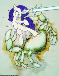 Size: 600x775 | Tagged: artist:foxinshadow, blast, crab, derpibooru import, fight, magic, magic beam, magic blast, rarity, rarity fighting a giant crab, safe, traditional art