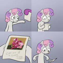 Size: 2000x2000 | Tagged: artist:atryl, blushing, call me for a good time, cheericorn, cheerilee, comic, derpibooru import, exploitable meme, flowerbutt, meme, note, plot, source needed, suggestive, sweetie belle, sweetie's note meme
