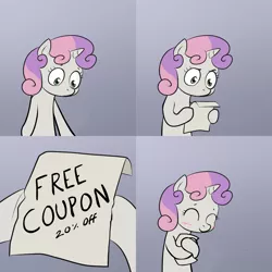 Size: 2000x2000 | Tagged: artist:lemondevil, blushing, comic, coupon, derpibooru import, exploitable meme, happy, hug, hug coupon, meme, note, paper, safe, sweetie belle, sweetie hugs a note, sweetie's note meme