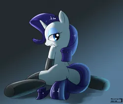 Size: 1280x1078 | Tagged: suggestive, artist:skyline19, derpibooru import, rarity, pony, unicorn, bedroom eyes, blank flank, blue background, clothes, covering, female, flexible, gradient background, gray background, plot, simple background, solo, solo female, stockings, sultry pose, tail covering