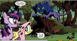 Size: 902x487 | Tagged: safe, artist:andypriceart, derpibooru import, idw, fluttershy, twilight sparkle, chupacabra, pegasus, pony, unicorn, the return of queen chrysalis, spoiler:comic, comic, female, forest, leaves, mare, scared, sticks