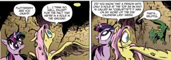 Size: 910x320 | Tagged: safe, artist:andypriceart, derpibooru import, idw, fluttershy, twilight sparkle, dragon, frill-necked lizard, lizard, pegasus, pony, unicorn, the return of queen chrysalis, spoiler:comic, spoiler:comic03, chlamydosaurus, comic, dungeon, duo, female, hole, leaves, mare, oubliette, scared, spider web, sticks, trap (device), unkempt mane, wide eyes, ye olde oubliette