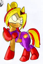 Size: 1260x1884 | Tagged: source needed, useless source url, safe, artist:keronaxd, derpibooru import, sunset shimmer, ponified, pony, bomberman, bomberman 64, keronaxd, masked shimmer, prince artemis, solo, traditional art