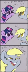 Size: 767x1920 | Tagged: safe, artist:atryl, derpibooru import, derpy hooves, twilight sparkle, twilight sparkle (alicorn), alicorn, butterfly, pony, blushing, comic, cute, derpabetes, dialogue, ear fluff, female, gray background, mare, open mouth, simple background, smiling