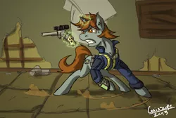 Size: 1024x687 | Tagged: safe, artist:gaiascope, derpibooru import, oc, oc:littlepip, unofficial characters only, pony, unicorn, fallout equestria, fanfic, clothes, cutie mark, ear fluff, fanfic art, female, fluffy, glowing horn, gritted teeth, gun, handgun, hooves, horn, levitation, little macintosh, magic, mare, optical sight, pipbuck, revolver, solo, teeth, telekinesis, vault suit, weapon