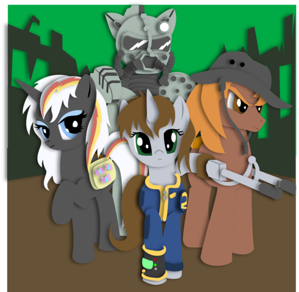 Size: 900x878 | Tagged: safe, artist:the-paper-pony, derpibooru import, oc, oc:calamity, oc:littlepip, oc:steelhooves, oc:velvet remedy, unofficial characters only, earth pony, pegasus, pony, unicorn, fallout equestria, fanfic, armor, bag, battle saddle, clothes, dashite, fanfic art, female, fluttershy medical saddlebag, gun, hat, hooves, horn, male, mare, medical saddlebag, pipbuck, power armor, rifle, saddle bag, shadowbox, stallion, steel ranger, vault suit, weapon, wings