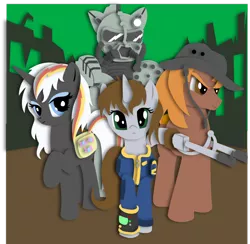 Size: 900x878 | Tagged: safe, artist:the-paper-pony, derpibooru import, oc, oc:calamity, oc:littlepip, oc:steelhooves, oc:velvet remedy, unofficial characters only, earth pony, pegasus, pony, unicorn, fallout equestria, fanfic, armor, bag, battle saddle, clothes, dashite, fanfic art, female, fluttershy medical saddlebag, gun, hat, hooves, horn, male, mare, medical saddlebag, pipbuck, power armor, rifle, saddle bag, shadowbox, stallion, steel ranger, vault suit, weapon, wings