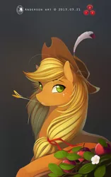 Size: 2000x3188 | Tagged: safe, artist:antiander, derpibooru import, part of a set, applejack, earth pony, pony, beautiful, feather, female, freckles, hat, looking at you, mare, portrait, solo