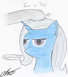 Size: 900x1026 | Tagged: artist:moonlightscribe, derpibooru import, dialogue, disembodied hoof, petting, safe, solo focus, traditional art, trixie, unamused