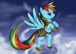 Size: 7014x4960 | Tagged: safe, artist:forgotten-wings, derpibooru import, rainbow dash, pegasus, pony, absurd resolution, armor, bipedal, clothes, cloud, cloudy, female, mare, raised hoof, sky, smiling, solo