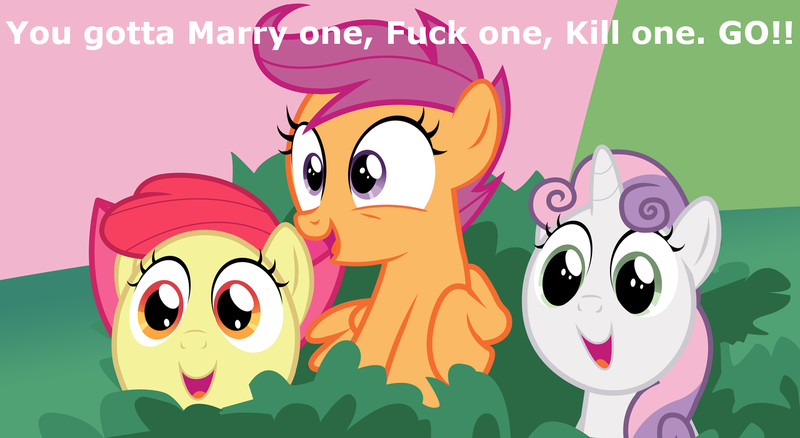 Size: 1280x700 | Tagged: suggestive, derpibooru import, apple bloom, scootaloo, sweetie belle, earth pony, pegasus, pony, unicorn, cutie mark crusaders, female, filly, fuck marry kill, implied foalcon, implied murder, implied sex, question, vulgar