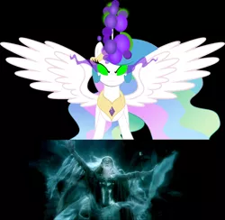 Size: 1136x1108 | Tagged: corrupted, dark magic, derpibooru import, evil, galadriel, image macro, lord of the rings, magic, princess celestia, safe, sombra eyes, the crystal empire, tolkien