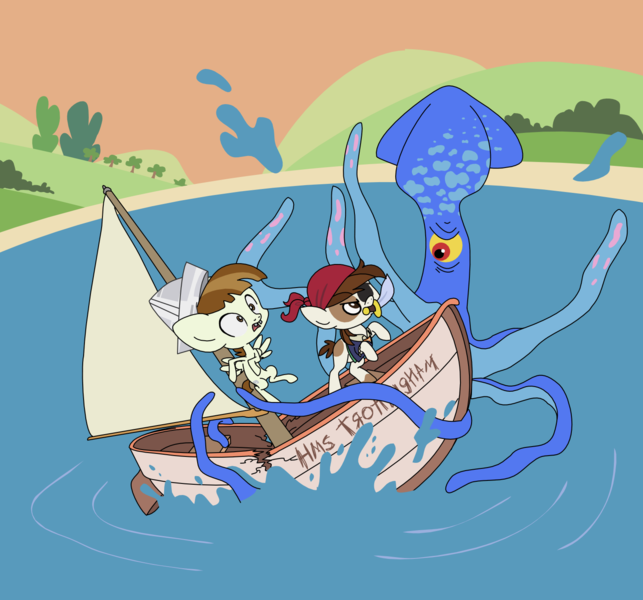 Size: 1500x1400 | Tagged: artist:shinjitoo, boat, colt, derpibooru import, featherweight, foal, hat, lake, paper hat, peril, pipsqueak, pirate, ponyville confidential, princess luna, roberto the squid, safe, squid, the show stoppers, this will end in tears and/or death, trottingham, water