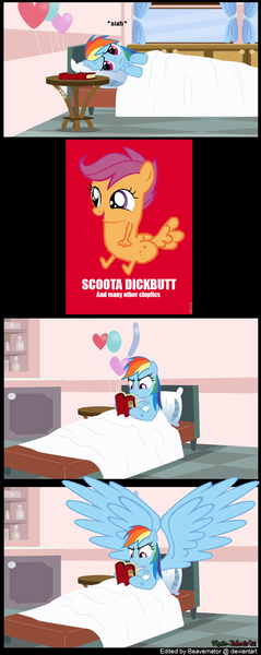 Size: 798x2000 | Tagged: questionable, artist:beavernator, derpibooru import, edit, rainbow dash, scootaloo, pegasus, pony, bed, book, comic, dickbutt, female, large wings, mare, pillow, wingboner, wings