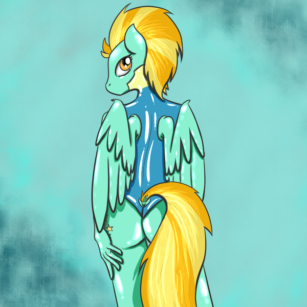 Size: 800x800 | Tagged: anthro, artist:scherzo, ass, derpibooru import, female, latex, leotard, lightning dust, shiny, solo, solo female, suggestive, wedgie, wings, wonderbolts, wonderbolts academy, wonderbolt trainee uniform