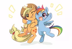 Size: 700x481 | Tagged: safe, artist:akira bano, derpibooru import, applejack, rainbow dash, pony, bipedal, hug, pixiv