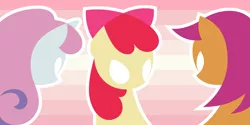 Size: 2400x1200 | Tagged: safe, artist:dahtamnay, derpibooru import, apple bloom, scootaloo, sweetie belle, earth pony, pegasus, pony, unicorn, bow, cutie mark, cutie mark crusaders, female, filly, foal, glowing eyes, hair bow, hooves, horn, lineless, minimalist