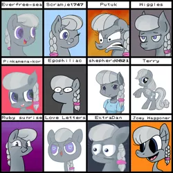 Size: 1280x1280 | Tagged: safe, artist:fantasyglow, derpibooru import, silver spoon, earth pony, pony, angry, art style challenge, egophiliac-ish, female, filly, happy, shepherd0821-ish, style emulation, tumblr, twiface, unamused, wink, woonoggles