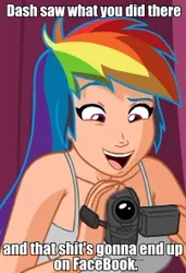 Size: 202x295 | Tagged: artist:megasweet, breasts, camcorder, cropped, derpibooru import, edit, humanized, rainbow dash, reaction image, suggestive, vulgar