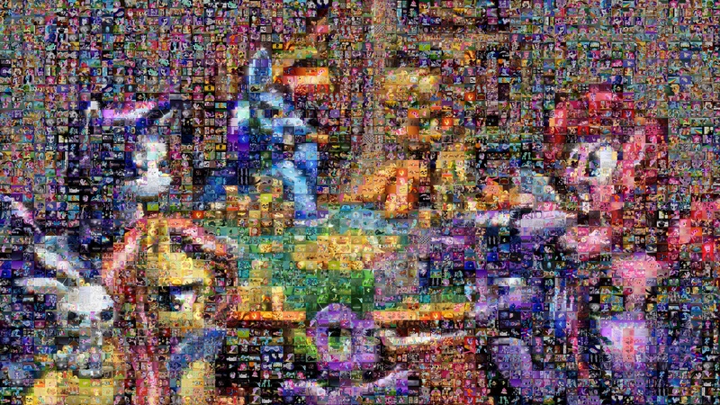 Size: 2580x1452 | Tagged: angel bunny, applejack, collage, compilation, derpibooru import, edit, edited screencap, fluttershy, mane six, meta mosaic, mosaic, photomosaic, pinkie pie, poker, rainbow dash, rarity, safe, screencap, season 1, season 2, season 3, spike, twilight sparkle