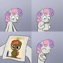 Size: 2000x2000 | Tagged: blushing, button mash, comic, crush, derpibooru import, exploitable meme, female, happy, high score, hug, male, meme, paper, safe, shipping, straight, sweetie belle, sweetie hugs a note, sweetiemash, sweetie's note meme