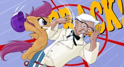 Size: 900x488 | Tagged: abuse, artist:rocketknightgeek, colonel sanders, crossover, derpibooru import, eyes closed, glasses, helmet, human, kfc, not a chicken, punch, safe, scootaloo