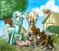 Size: 1889x1634 | Tagged: applejack, artist:simpe94, baby, collar, derpibooru import, human, human baby, humie, lyra heartstrings, pet, pet human, safe, winona