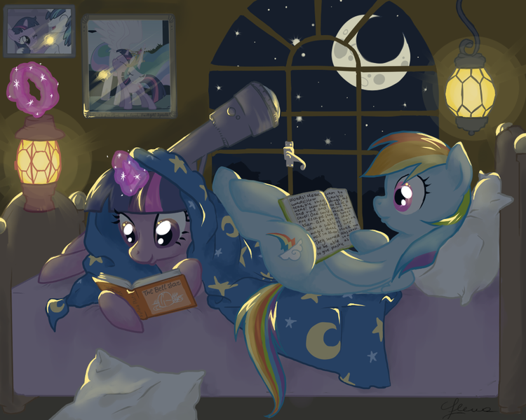 Size: 1000x800 | Tagged: dead source, safe, artist:elenaboosy, derpibooru import, princess celestia, rainbow dash, shining armor, twilight sparkle, bed, book, egghead, female, golden oaks library, lesbian, night, oscar wilde, picture, reading, shipping, sleepover, sylvia plath, telescope, the bell jar, the picture of dorian gray, twidash, window