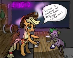 Size: 1024x815 | Tagged: safe, artist:obsequiosity, derpibooru import, applejack, rarity, spike, dragon, earth pony, pony, bar, bipedal, dialogue, female, friendzone, male, mare, speech bubble, working