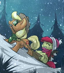 Size: 1058x1200 | Tagged: safe, artist:atryl, derpibooru import, apple bloom, applejack, winona, dog, earth pony, pony, 30 minute art challenge, clothes, eyes closed, female, filly, hat, mare, open mouth, scarf, sisters, sled, smiling, snow, snowfall, tongue out, winter